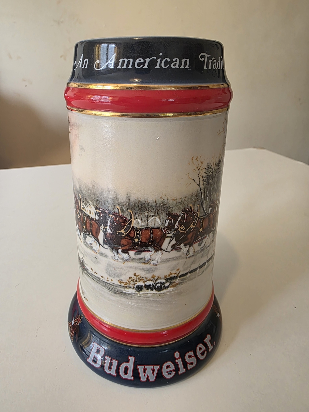 Budweiser Red, Navy and Gold Clydesdale Ceramic Stein